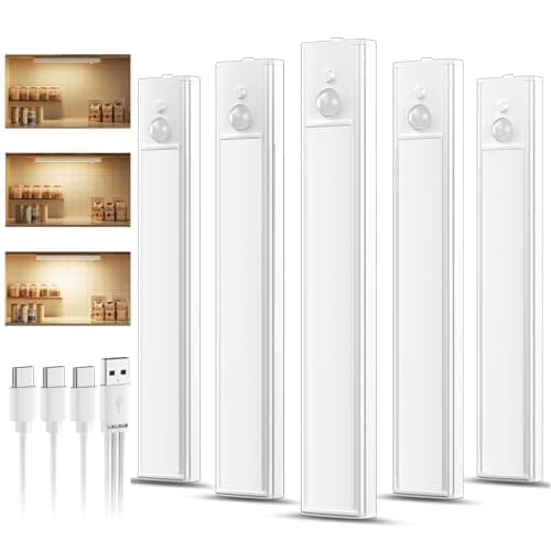 Image of daphomeu 5 Pack Rechargeable Under Cupboard Kitchen Lights, 20CM Dimmable Warm Cabinet Light, LED Motion Sensor Lights Indoor, Magnetic Stick Light for Kitchen Shelf Stairs Wardrobe