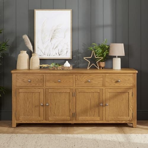 Image of The Furniture Market Extra-Large Cotswold Rustic Oak Sideboard with 4 Drawers, 4 Cupboard Doors, Pewter Metal Handles, Solid Oak Construction - H 850 x W 1950 x D 450mm