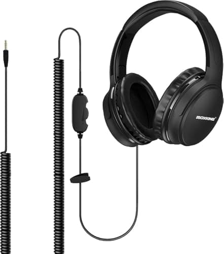 Image of MOXKING 19.5Ft / 6M Extra Long Cord Headphones for TV PC with Volume Control, Spring Coiled Cable, 3.5mm AUX, Wired Over Ear Earphones for Seniors Hard of Hearing, Large Comfortable Computer Headset