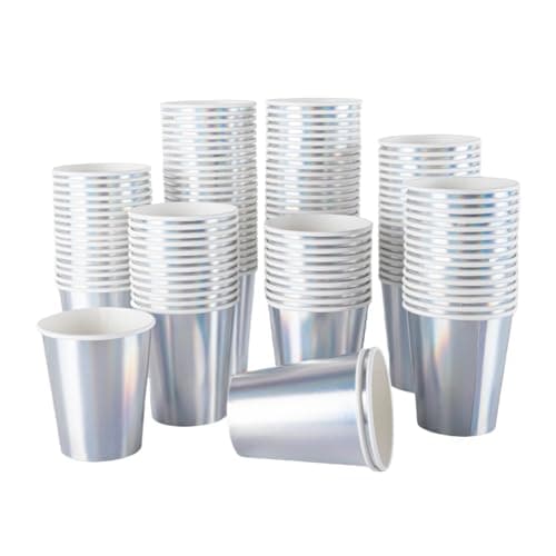 Image of CEILIWEN 100 Pack 9oz Iridescent Holographic Rainbow Paper Cups - 250ml Shiny Metallic Silver Party Cups for Hot & Cold Drinks