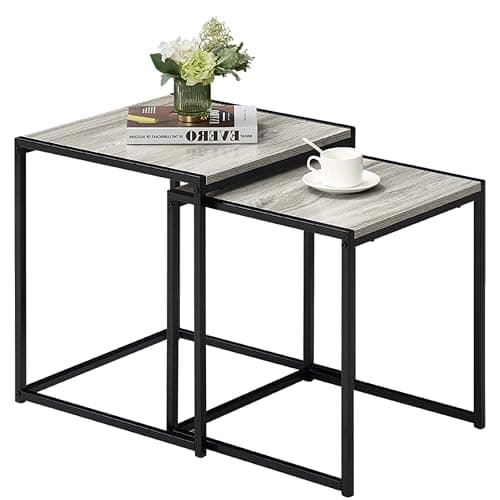 Image of Vida Designs Brooklyn Nest of Tables 2 Piece Set Coffee Side End Tables Industrial Rustic Living Room Furniture (Grey)
