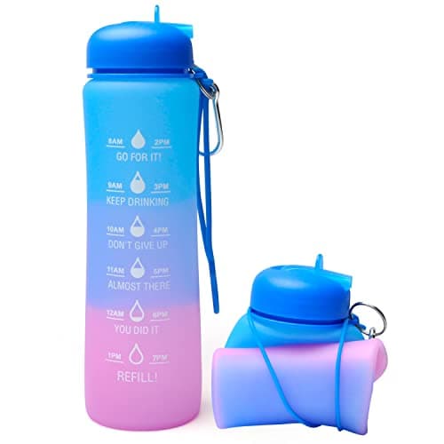 Image of Motivational Water Bottle with Time Markings - 0.6 Litre Foldable Collapsible Gym and Sports Silicone Water Bottle - Running Drinks Bottle For Women, Men, Girls, Boys, Cycling, Hiking, Travel