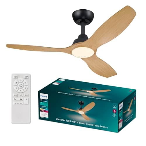 Image of Philips Olas Ceiling Fan, 3 Blades, 24W LED Light, DC Motor, Color Temperature Range (3000K-4300K-6500K) with Dimmable Function, Remote Included, 52", Black and Wood