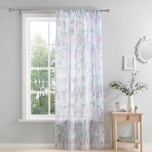 Image of Dreams & Drapes - Purple Wisteria Single Net Curtain for Windows - W55 x L54 (140 x 137cm) - Purple Floral Window Net - White Voile Curtain for Bedroom & Living Room - White Sheer Curtains