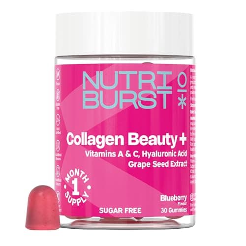 Image of Nutriburst Collagen Beauty+ with 80mg of Vitamin C, Hyaluronic Acid, Vitamin A, Biotin • Support Healthy Skin, Hair & Nails • Sugar Free • Vegan • Halal • Blueberry Flavour • 30 Gummies