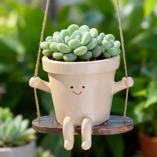 Image of KBIBCK Hanging Planter Swing Face Plant Pot, Cute Resin Head Planters with Drainage Hole, Smily Face Planter Pots, Indoor and Outdoor Succulent Pot for Home Decor Gift