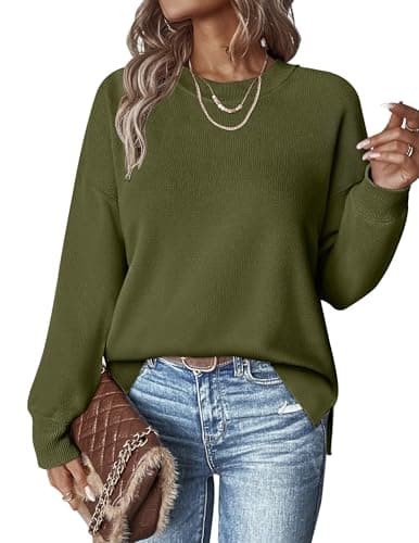 Image of HOTOUCH Women's Jumpers Crew Neck Casual Knitted Sweaters Ladies Long Sleeve Pullover Elegant Lightweight Sweatshirt Fall Winter Army Green S