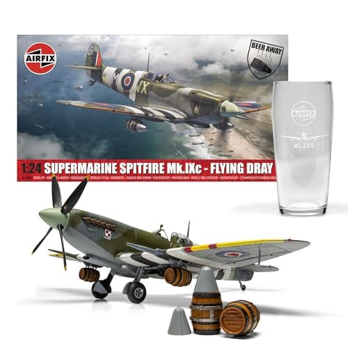 Image of AIRFIX - Model Set - A17001A Supermarine Spitfire Mk.IXc - Flying Dray Model Aircraft Kit - Plastic Plane Kits for Adults, Set Includes Special Edition Pint Glass - 1:24 Scale