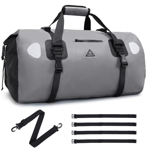 Image of Haimont Waterproof Large Duffel Bag Heavy Duty Roll Top Travel Dry Bag with Durable Straps and Handles for Boating, Motorcycle, Kayaking, Camping, Grey, 70L