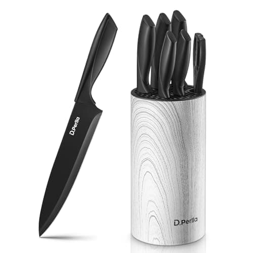 Image of D.Perlla Knife Set, 7 Piece Kitchen Knife Set with Detachable Round Upright Knife Cylinder, Stainless Steel Black Coating, Lightweight and Non-Slip Handles, for Easy Cleaning and Drying