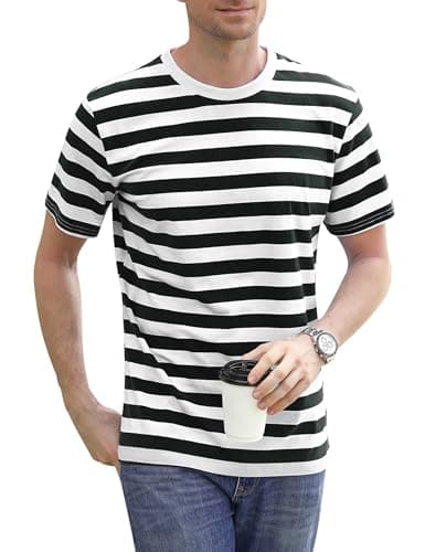Image of Sykooria Round Neck Pinstripe Striped T-Shirt for Black&White Thin Stripes Casual Short Sleeve Tops for Men, Black/White Thin Stripes S