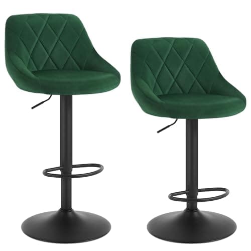 Image of WOLTU Bar Stools Dark Green Breakfast Dining Stool for Kitchen Island Counter Bar Stools Set of 2 pcs Velvet Exterior, Adjustable Swivel Gas Lift, Steel Footrest & Base