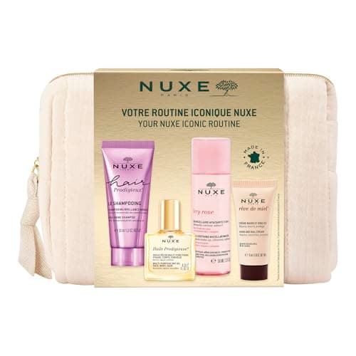 Image of Nuxe Skincare Iconic Routine Set of 5 - Micellar Water, Dry Oil, Hand Cream, Shampoo & Toiletry Bag - Mini Travel Size Skincare Set for Women - Hydrating, Nourishing & Soothing Essentials