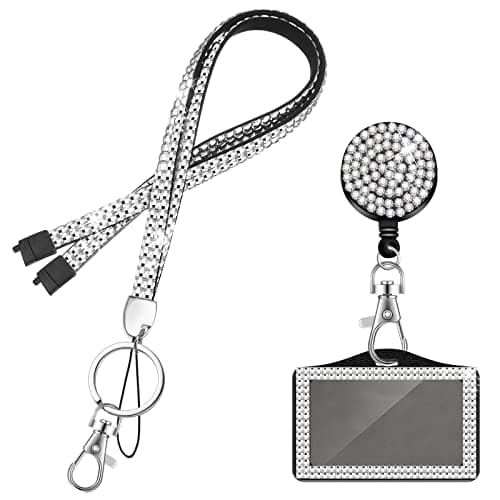 Image of Nezyo Rhinestone Crystal Sparkly Lanyard with Card Holder Retractable Badge Set Glitter Necklace Card Holder ID Name Badge Reel Necklace Bling Lanyard Strap for School Classroom(Silver)