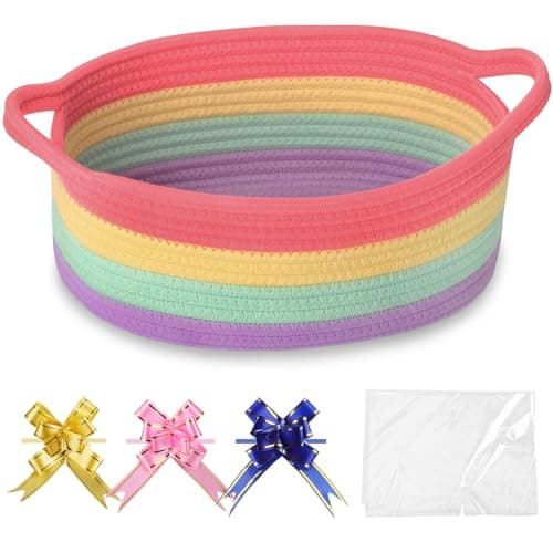 Image of COMSE Small Woven Basket with Gift Bags and Ribbons, Gift Basket Empty, Nursery Organisers Storage for Baby Toy, Cotton Rope, 30.5 x 20 x 13 CM, Rainbow