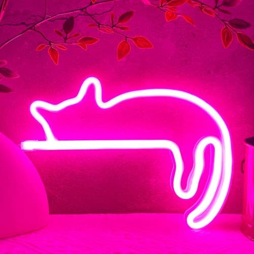 Image of HOHOSIGN Cat Neon Sign Classroom Lazy Cat Neon Light Decorations Pink Cat Room Wall Decor Themed Stuff, USB/Battery Operated LED Laying Lying Cat Neon Sign Night Light Lamp for Bedroom Gift Christmas