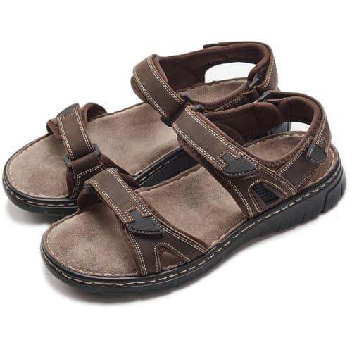 Image of ISQFIQ Real Leather Mens Sandals, Wide Fit Sandal for Walking, Open Toe Indoor and Outdoor Shoes with Adjustable Strap for Summer Casual Travel Hiking Beach Trekking Towns Dark Brown UK 11
