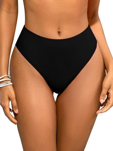 Image of SHEKINI Women High Waisted Bikini Bottoms Tummy Control High Cut Swim Thong Briefs Swimming Bottom Black-M