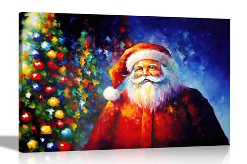 Image of Artley Prints - Abstract Santa Claus and Christmas Tree Canvas Art Prints Oil Painting Reprint Framed and Ready to Hang 76 x 50cm (30 x 20 inches)
