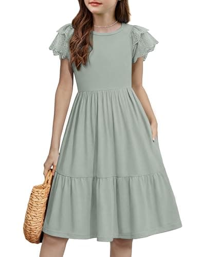 Image of Arshiner Girls Summer Dress Green Casual Lace Short Sleeve Festive Dress Kids A-Line Party Cute Birthday Evening Dress Fashion Midi Wedding Flower Girl Dress with Pocket 13-14 Years