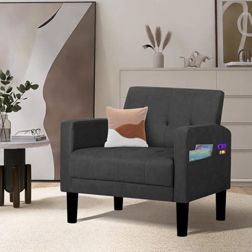Image of GRAVFORCE Armchairs Comfy Upholstered Living Room Chair Mid Century Modern Accent Arm Chairs with Pocket Storage Dark Gray