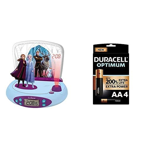 Image of LEXIBOOK RP510FZ_50 Disney Frozen 2 Elsa & Anna, Projector Alarm Clock, Night Light, time Projection onto The Ceiling, Sound Effects+Duracell NEW Optimum AA Alkaline Batteries [Pack of 4]
