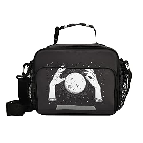 Image of Black White Full Moon with Rays in the Hands of Fortune Teller Leak-proof Insulated Lunch Bag, Lunch Box with Adjustable Shoulder Strap for Travel Work, Cooler Double Zippers Tote Lunchbox