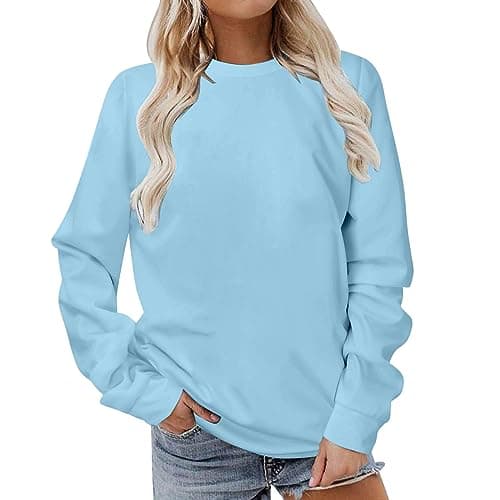 Image of Womens Long Sleeve Tops Ladies Jumpers Crewneck Sweatshirts without Hood Casual Plain Lightweight Pullover Sweater Round Neck Tunic Tops for Women UK