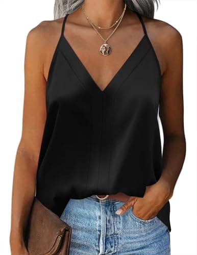 Image of Zeagoo Womens V Neck Stain Tank Top Basic Sleeveless Cami Vest Tops Loose Tank Tops Loose Fit Blouse Summer Basic Vest Shirt Black L