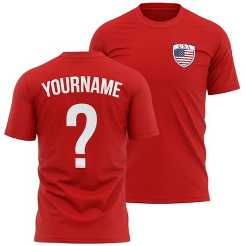 Image of Personalised USA Mens T Shirt - America Badge with Custom Name and Number World Football Supporter, L, Red