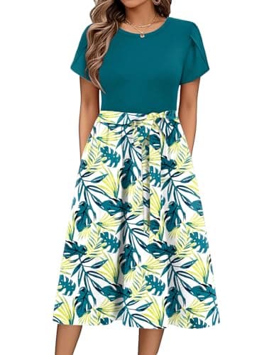Image of Zeagoo Women's Summer Dress Crewneck A Line Short Sleeve Print Midi Dresses Ladies Casual Floral Dress with Belt Green A XXL