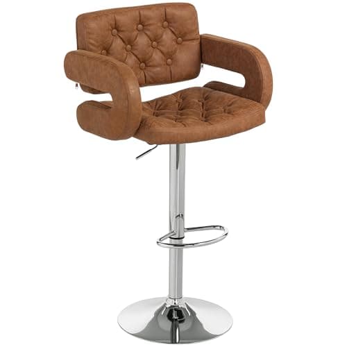 Image of HOMCOM Swivel Bar Stool with Extra Large Seat, PU Leather Upholstered Adjustable Barstool with Back, Arm and Footrest, Breakfast Bar Chair for Bistro, Kitchen, Brown