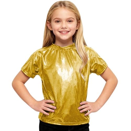 Image of Teen Girls Shiny Short Sleeve Shirt Kids Sparkly Metallic Crewneck Tops Toddler Jazz Party Stage Performance Cute T Shirt Size 3-4 Years Gold