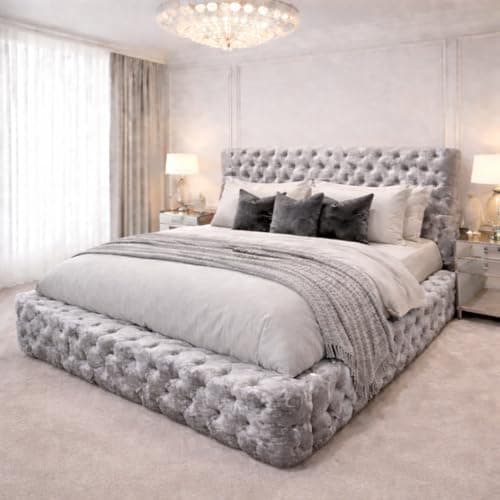 Image of Luxury Regal Ambassador Bed Frame - Crushed Velvet Upholstery with Optional Mattress & Ottoman Gas Lift - UK Made (Silver Crush, King 5ft Bed Frame)