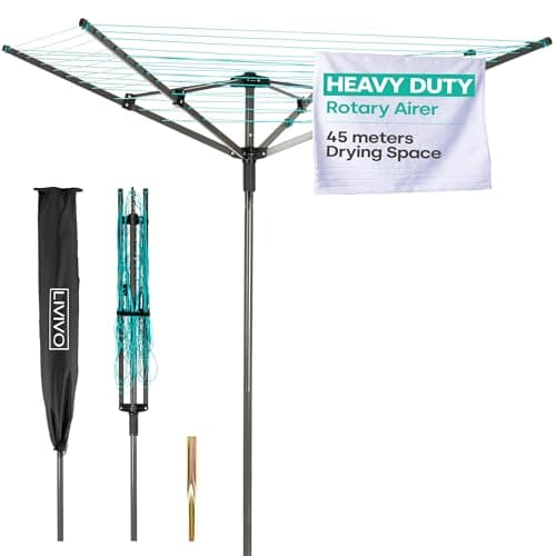 Image of LIVIVO 4 Arm Rotary Washing Line - 45M Outdoor Clothes Line for Outside - Foldable Garden Rotary Outdoor Clothes Dryer Rotary Airer with Free Ground Washing Line Spike and Cover - Turquoise