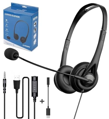Image of KXYINOS USB Headset with Microphone for PC Laptop, 3 in 1 Wired Headphones with Noise Cancelling Mic & Audio Controls, Adjustable Headset for Office, Call Center, Online Classes, Teams, Zoom, Skype