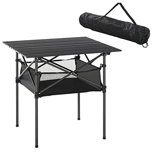 Image of Outsunny 70cm Aluminum Roll-Top Table w/Mesh Bag Camping Outdoor Dining Foldable w/Steel Frame Picnic Lightweight Hiking Furniture Desk, Black