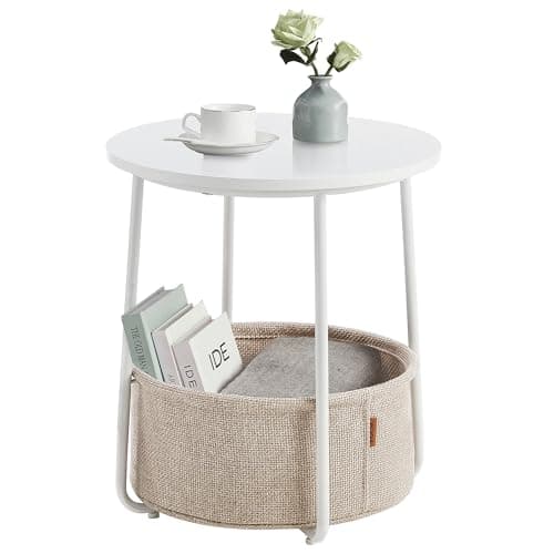 Image of VASAGLE LET223W10 Small Round Coffee Table, Side Table with Fabric Basket, Storage for Living Room, Bedroom, Modern Style, Matte White and Camel Brown
