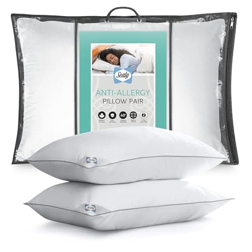 Image of Sealy Anti-Allergy Pillows - Medium Support Bed Pillows for All Sleeping Positions with Fibadown Fibres and Piped Edges - Machine Washable, Pack of 2