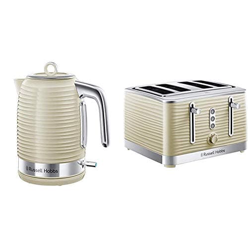 Image of Russell Hobbs Inspire Electric Kettle Cordless Hot Water Dispenser with 4 Slice Toaster Wide Slot with Lift and Look Feature, Cream