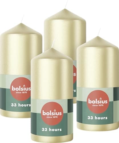 Image of Bolsius Pillar Candles – Metallic Silver – 4-Pack – 12 x 6 cm – Long Burning Time of 33 Hours - Unscented – Includes Natural Vegan Wax – Without Palm Oil