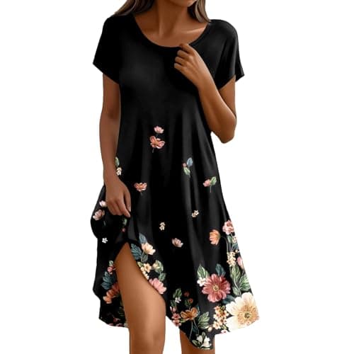 Image of Flowing Casual Dress for Women Floral Print Casual Casual Dress for Daily Party Loose Fit Comfortable Spring Summer Dress, black, 3XL