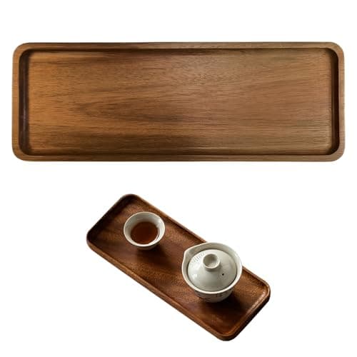 Image of Qianeffort Wooden Tray, Rectangular, Brown, 29x10.8CM, Multipurpose Serving Tray for Food, Beverages, Organization, Rustic Style, Convex Edge, 100% Wood