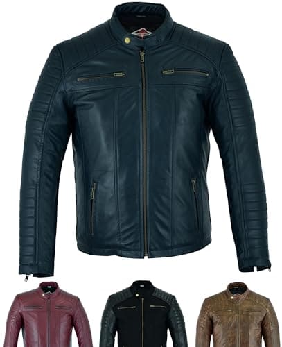 Image of Texpeed Mens Casual Leather Jacket - Real Genuine Soft Touch Sheepskin Biker Motorcycle Style Leather Coat Navy - L