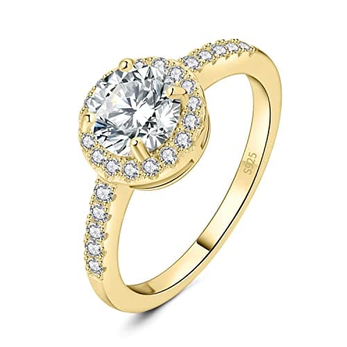 Image of JewelryPalace 1.5ct Cubic Zirconia Round Cut Halo Engagement Rings for Her, 14K Yellow Gold Plated 925 Sterling Silver Promise Ring for Women, Simulated Diamond Anniversary Ring Jewellery Sets J