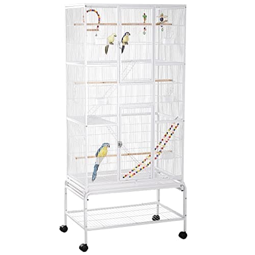 Image of PawHut Large Bird Cage Budgie Cage 3 Tier Aviary with Stand Wheels, Toys, Ladders, Shelf for Canaries, Finches, Cockatiels, Parakeets - White
