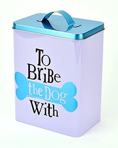 Image of Widdop and Co Fun, Humorous Dog Biscuit Treat Storage Tin - To Bribe the Dog With - White, Black, Metallic Aqua Blue - 22.5cm