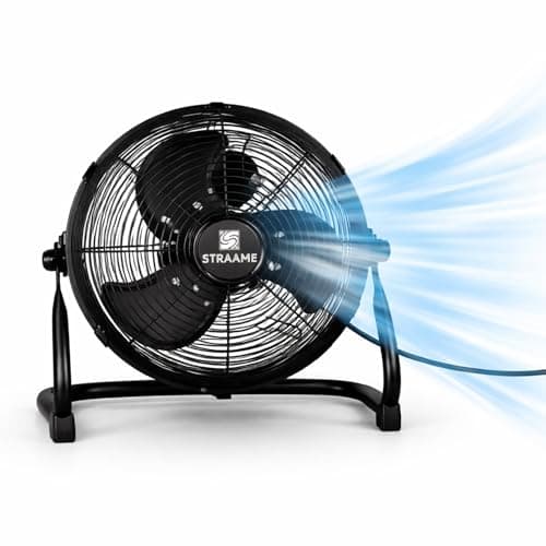 Image of Straame Floor Fan – Quiet Portable Steel Floor Fan with 3 Speeds, High Velocity & Ad-justable Head for Bedroom, Home & Gym – 1.8m Cable (12 Inch)