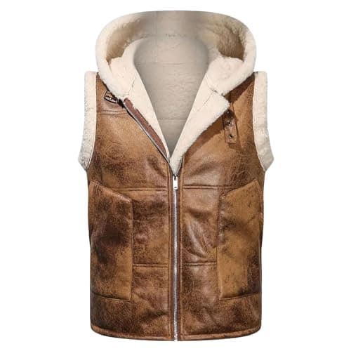 Image of Augystre Men's Leather Fleece Vest, Brown Aviator Men's Sleeveless Jacket, Shearling Sheepskin Hoodie, Short Faux Fur Winter Jacket, brown, XXL