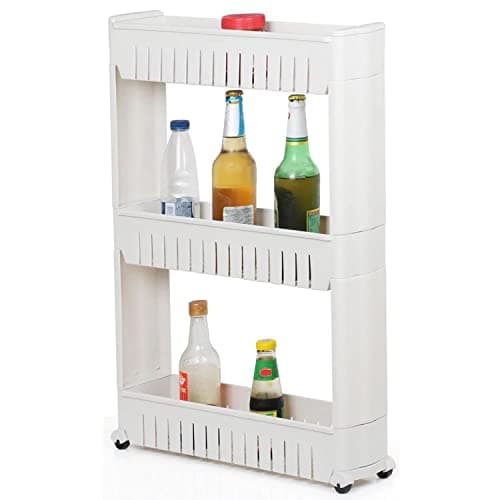 Image of Livhome 3 Tier Slim Slide Out Kitchen Trolley, Storage Shelf, Moving Wall Cabinets Tower Holder Rack on Wheels, Rolling Storage Unit Cart for Kitchen, Bathroom, Laundry